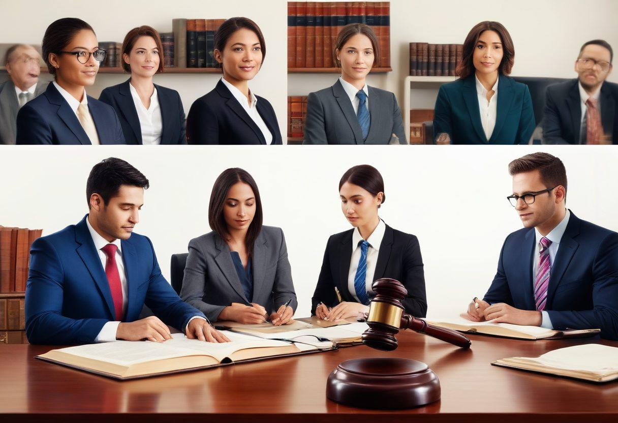 A collage depicting a diverse group of experienced attorneys in a modern office setting, providing legal advice to clients. Include stacks of law books, gavel, and scales of justice subtly in the background. Use warm, inviting colors to convey trust and authority. The attorneys should represent various ethnicities to reflect inclusivity. super-realistic. vibrant colors. white background.
