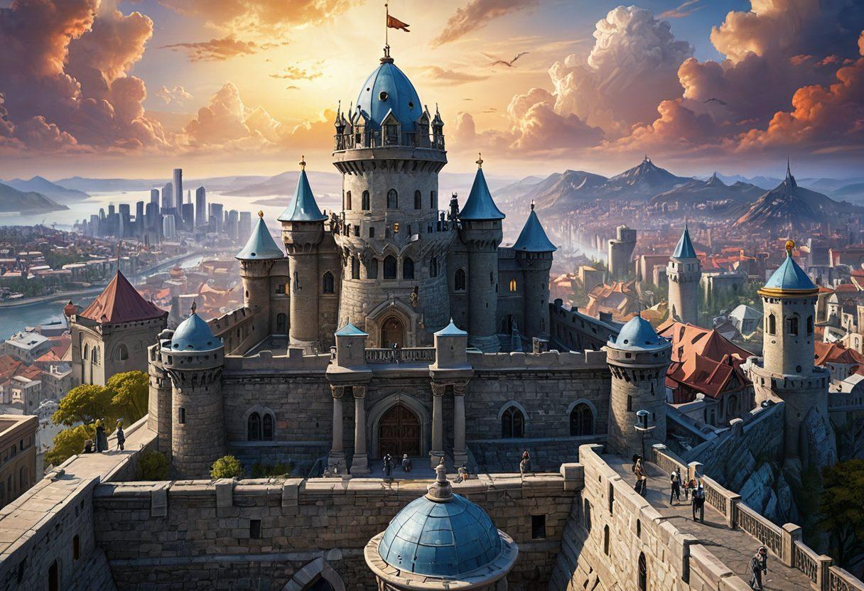 A strong fortress symbolizing protection, with a diverse group of legal experts in discussions, representing various fields of law. In the background, a city skyline indicating real-world challenges and a bright, hopeful sky. Incorporate elements like scales of justice and a gavel, blending them with architectural features. super-realistic. vibrant colors. white background.