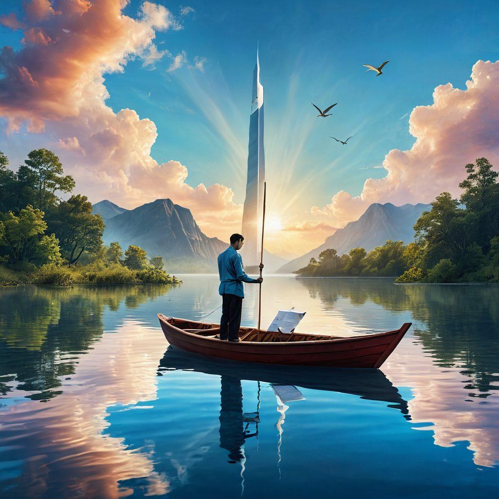 A serene scene depicting a person standing on a small boat navigating through calm legal waters, symbolized by flowing legal documents and scales of justice in the background. The sky is clear, suggesting a bright future ahead, while the boat is equipped with a compass pointing towards understanding rights. The colors are balanced and warm, creating an inviting atmosphere. super-realistic. vibrant colors.